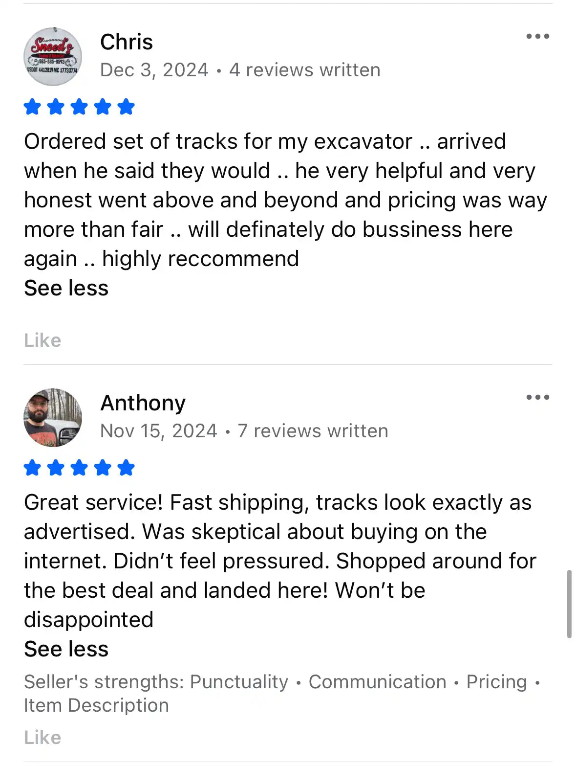 Real customer feedback on Facebook Marketplace showing positive experiences with TrackTECH tracks and support.