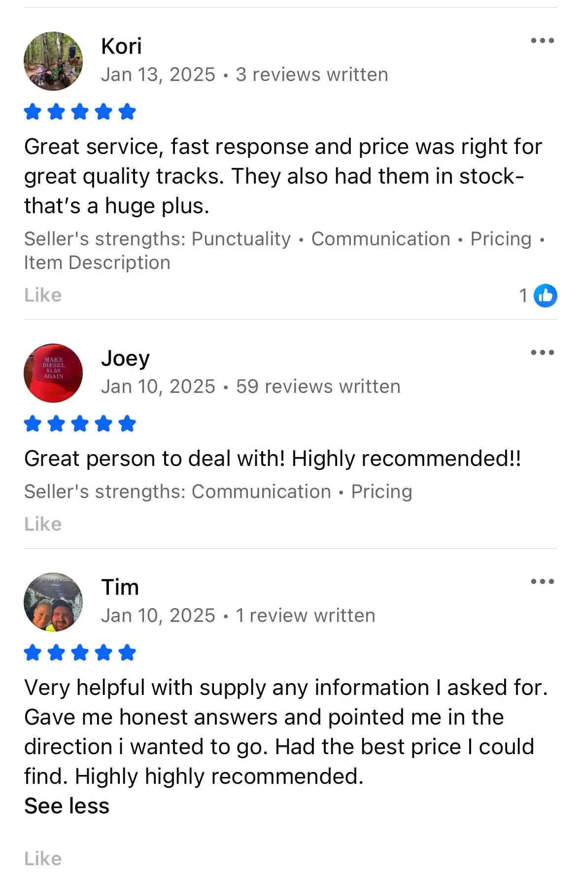 Verified Facebook Marketplace reviews highlighting contractor satisfaction with TrackTECH rubber tracks and fast delivery.