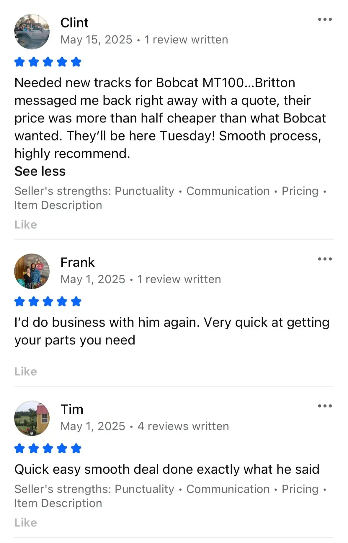 Customer testimonials from Facebook Marketplace praising TrackTECH for fitment accuracy and service.