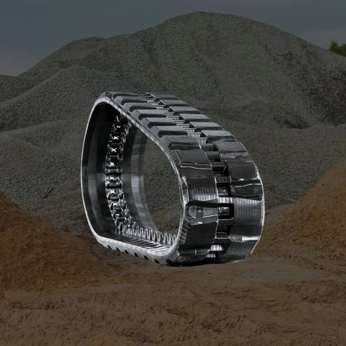 A heavy-duty rubber track for construction or agricultural machinery.