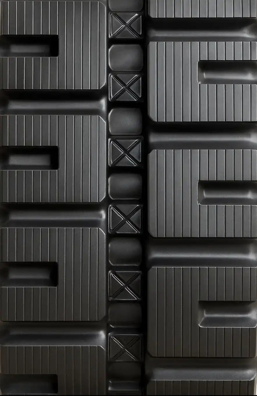 Heavy-duty rubber track for machinery, featuring deep, alternating tread patterns for traction.