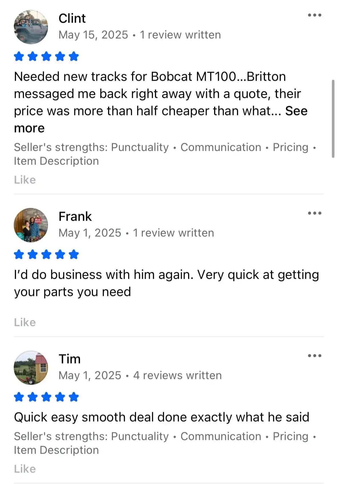 A list of customer reviews for a seller of vehicle parts.