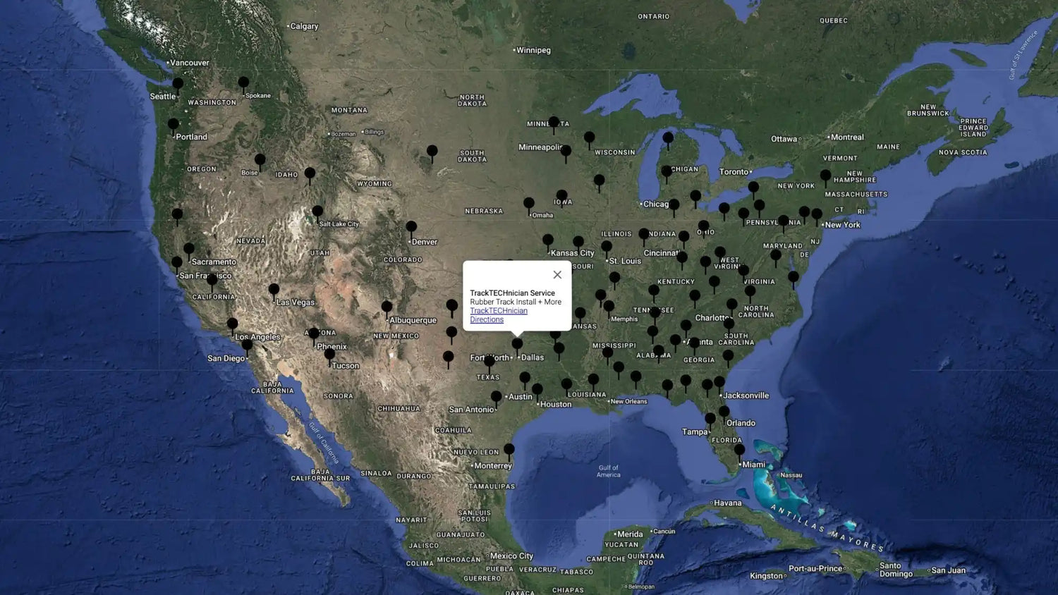 A map of North America with numerous location markers, indicating a widespread service or distribution network.