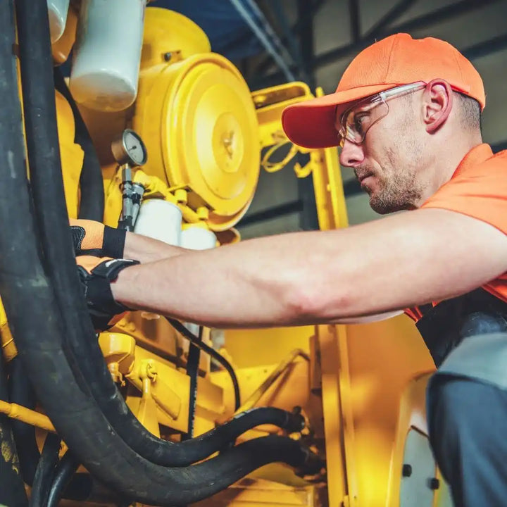 A mechanic wearing an orange cap and safety glasses, working on a yellow engine.