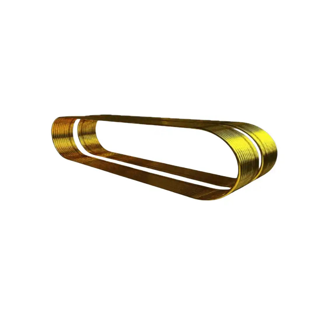 A stack of metallic gold bangles bent into an elongated U-shape.