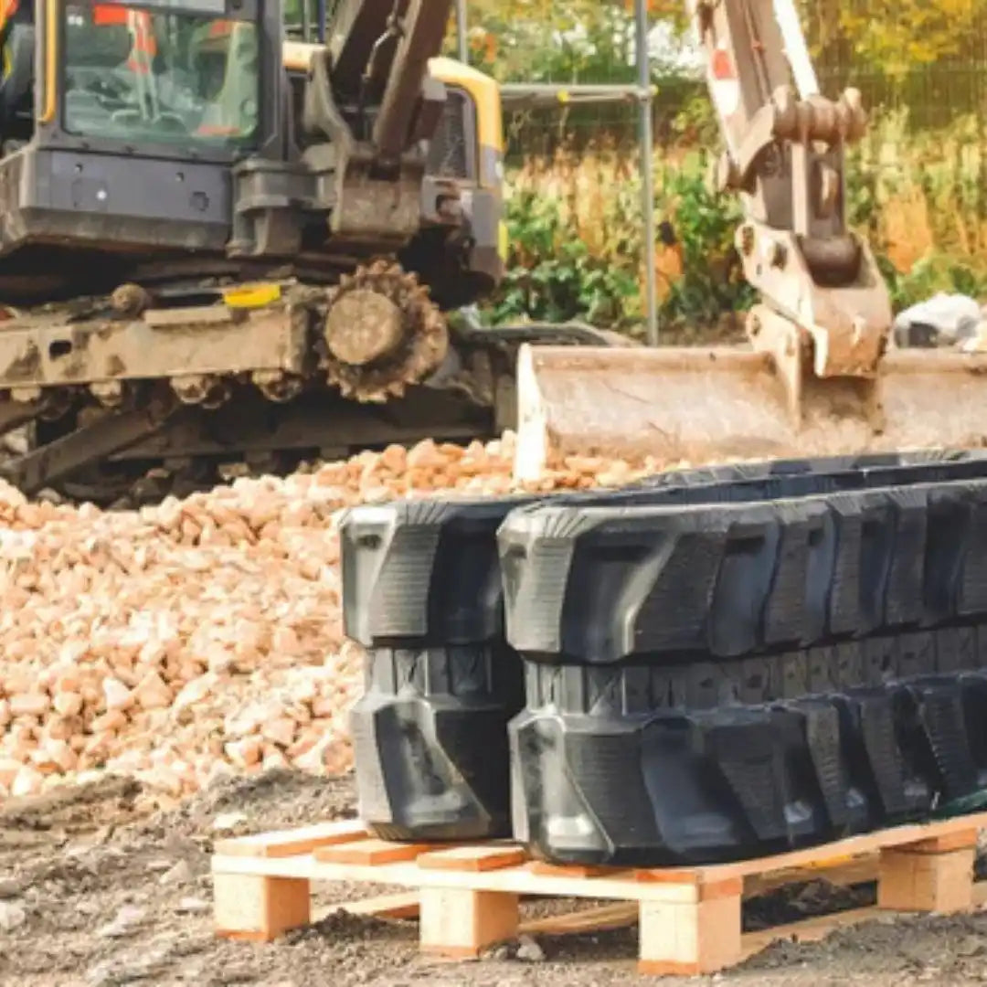 Two stacks of heavy-duty black rubber track pads on a wooden pallet.
