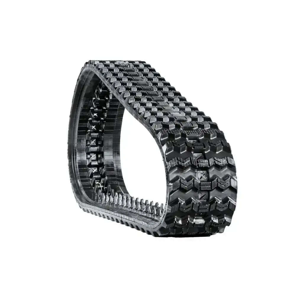 Black rubber zig-zag snowmobile track with deep treads on a white background