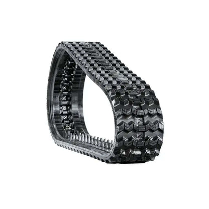 Black rubber zig-zag snowmobile track with deep treads on a white background