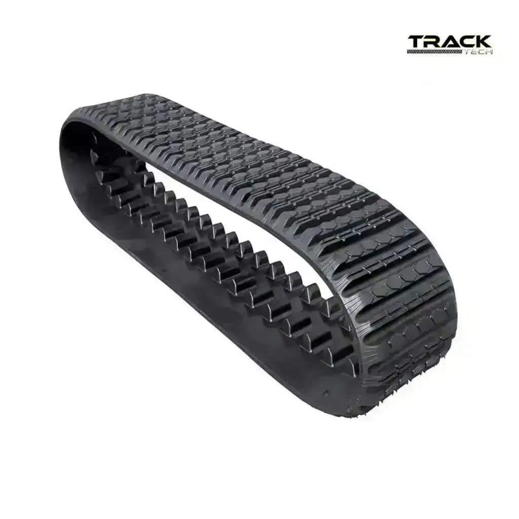 Heavy-duty black rubber track for construction equipment, isolated on white background