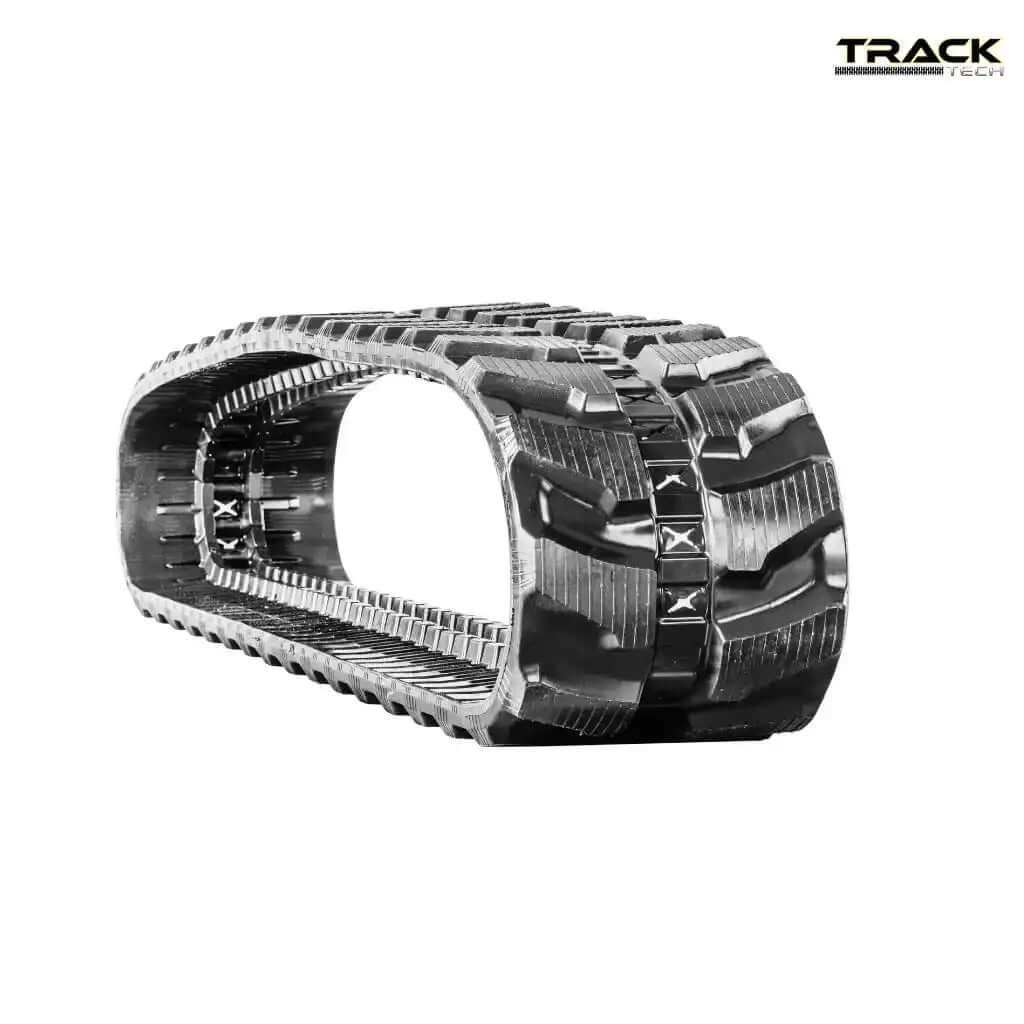 Heavy-duty rubber excavator track 450mm wide, black, side view on white background