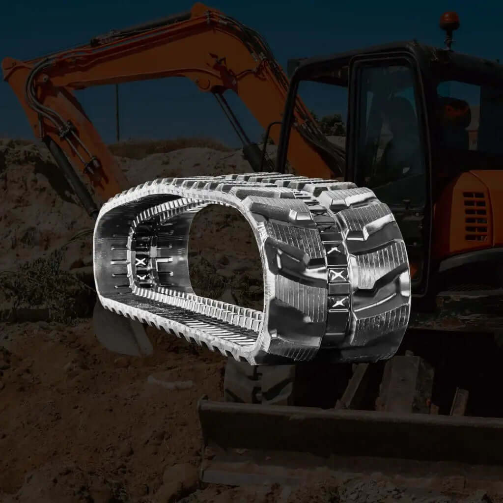 Excavator rubber track on construction site with orange excavator in background