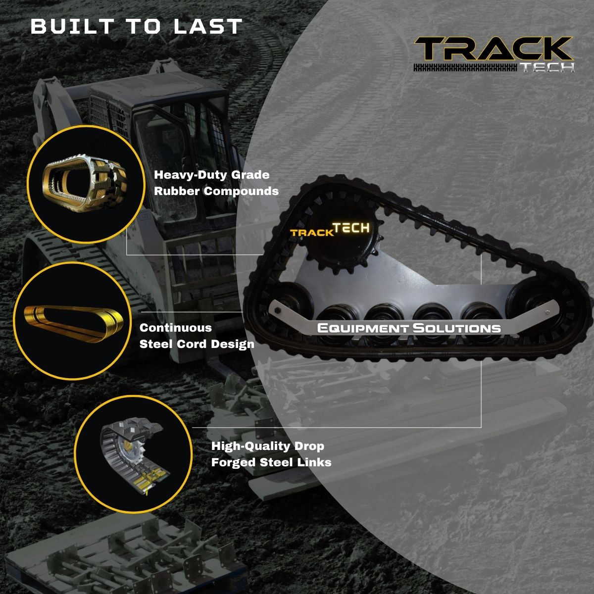 Heavy-duty rubber track construction with continuous steel cords and drop-forged steel links on a compact track loader undercarriage.