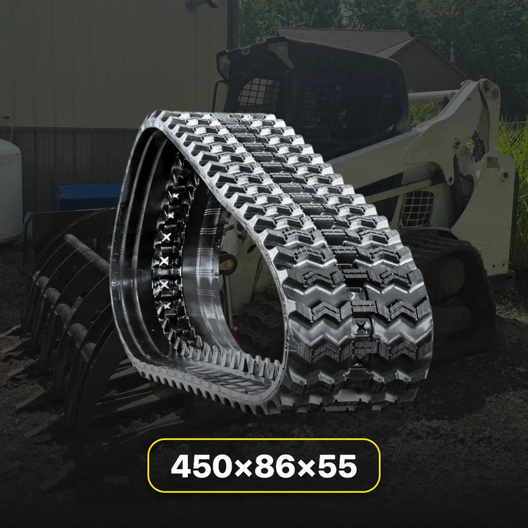 18-inch heavy-duty replacement rubber track for Bobcat T770 loaders, showing a deep zig-zag tread pattern against a white skid steer background.