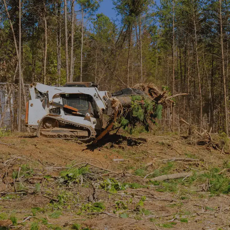 Bobcat skid steer operating on heavy-duty rubber tracks clearing land at a jobsite
