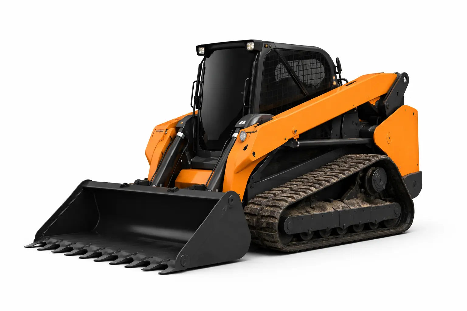 Heavy-duty replacement rubber tracks on a Case TV450 track loader working land-clearing terrain.