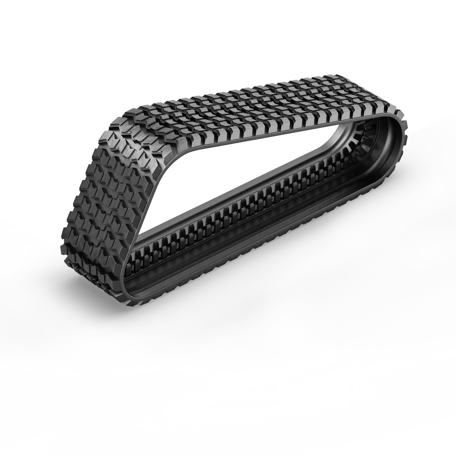 A continuous rubber track for heavy machinery with a deep, aggressive tread pattern.