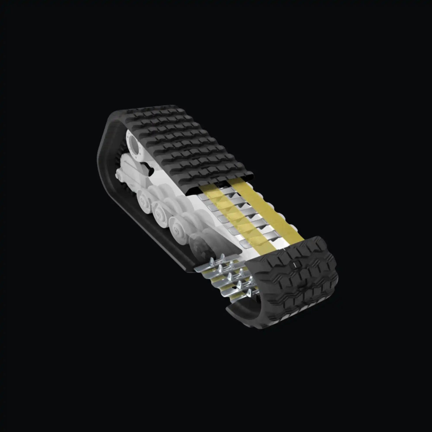 A cross-section illustration of a compact loader's track, revealing the inner layers of steel cords, undercarriage rollers, and the thick outer rubber tread