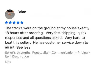 Five-star customer review praising fast shipping and responsive service for rubber tracks