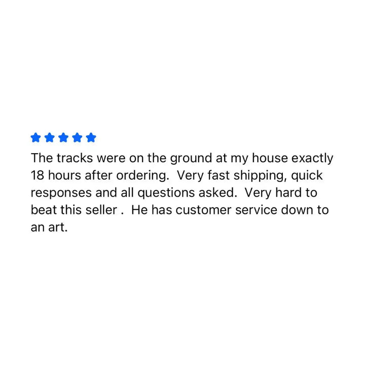 A five-star review for a seller who delivered tracks in 18 hours, provided fast shipping and quick responses, and offered excellent customer service.