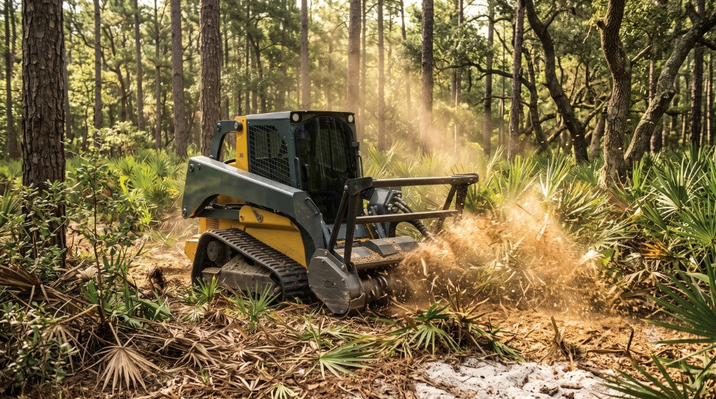 Heavy-duty replacement rubber tracks on a John Deere 333G track loader working land-clearing terrain.