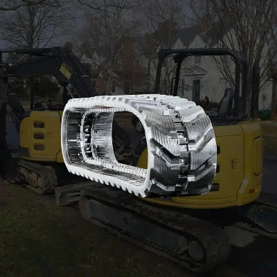 John Deere mini excavator fitted with OEM-spec tracks – jobsite ready – installed view