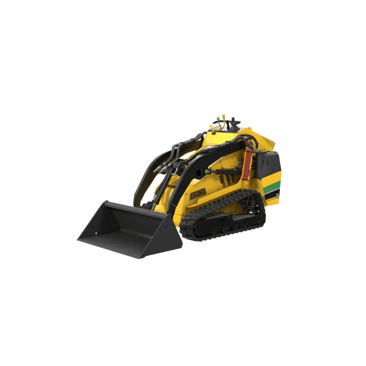 Yellow mini stand-on track loader with rubber tracks and bucket
