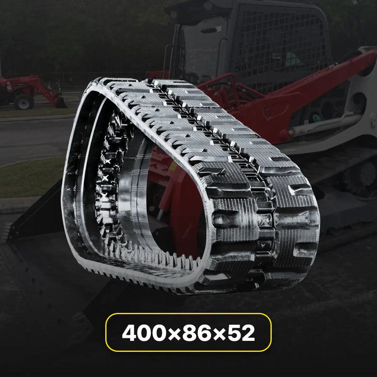 Takeuchi TL10R2 heavy-duty rubber track (400x86x52) featuring a C-block tread pattern, displayed in front of a red and white Takeuchi compact track loader.