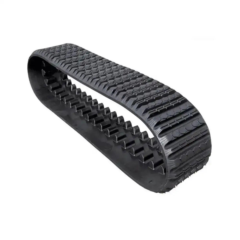 Black Terex ST50 rubber track, heavy-duty skid steer track with tread pattern on white background