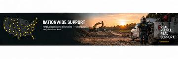 TrackTECH nationwide support network with U.S. service coverage map, construction equipment, field technician and service truck