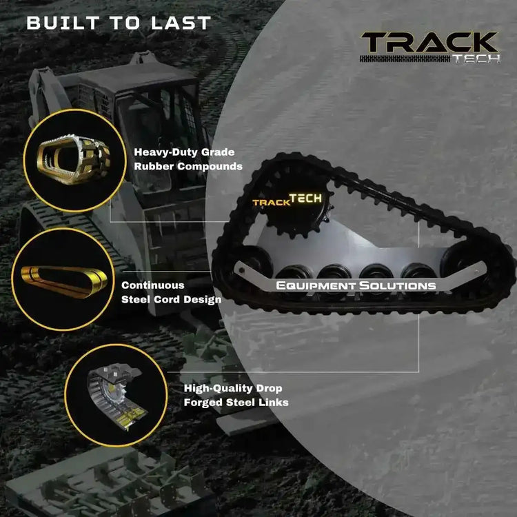TrackTECH rubber track construction showing heavy-duty rubber compounds, continuous steel cord design, and drop-forged steel links.