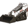 White and black compact track loader with a front bucket.