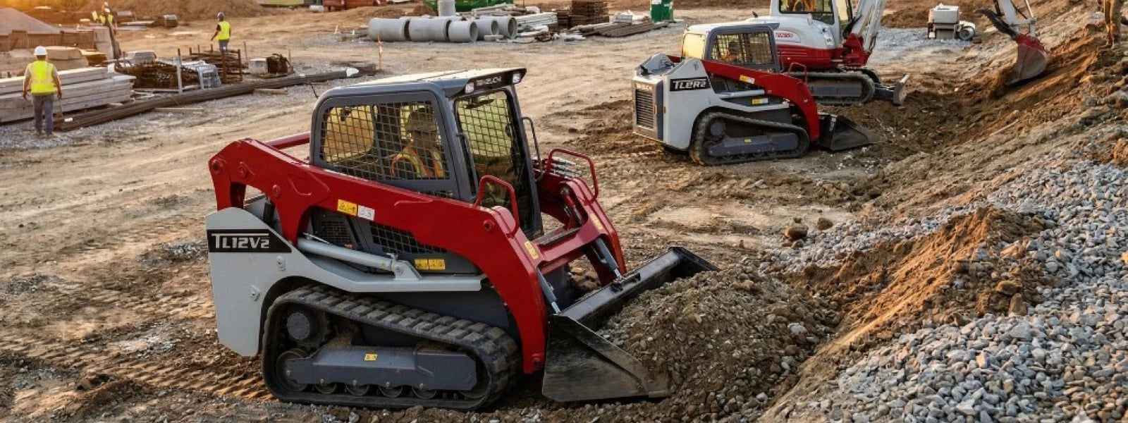 Takeuchi TL12 compact track loaders and mini excavator on a job site